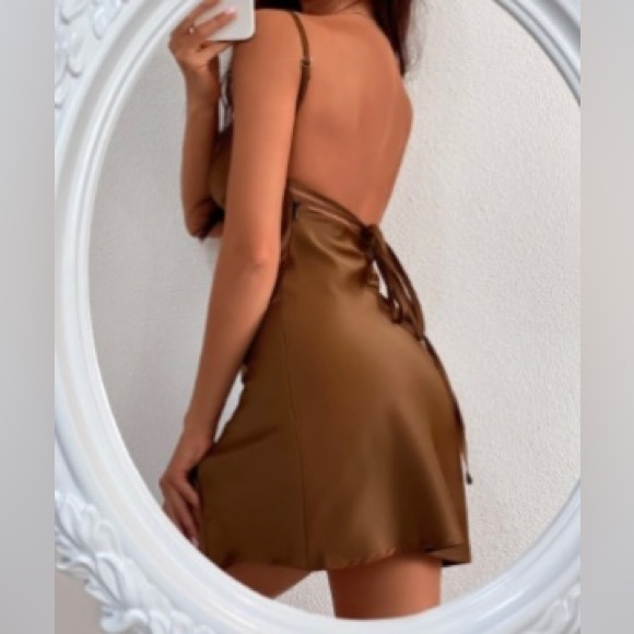 sexy coffee brown satin mini dress - Picture 3 of 4